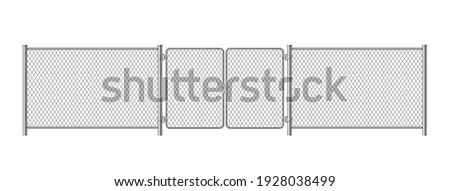Metal fence panels with welded wire mesh in realistic style. Gate steel chain link template. Protective guard outdoor netting. Vector illustration isolated on white background. Royalty-Free Stock Photo #1928038499