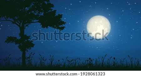 starry night and full moon with tree silhouette,  landscape background, vector illustration Royalty-Free Stock Photo #1928061323