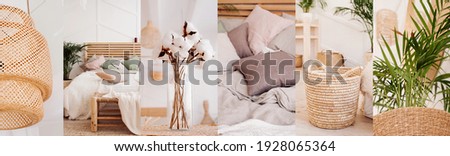 collage of 6 photos in one style: elements of home decor in boho style: wicker chandelier, pastel bed, wicker baskets, bouquet of cotton, green plants. natural calm colors well-being apartment decor