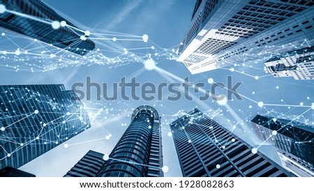 Imaginative visual of smart digital city with globalization abstract graphic showing connection network . Concept of future 5G smart wireless digital city and social media networking systems . Royalty-Free Stock Photo #1928082863