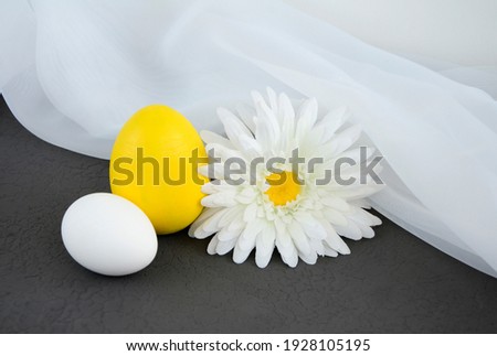 Large yellow and small white egg and daisy flower on white and gray background with copy space . Happy easter concept, easter table, colors 2021 Ultimate Gray, Illuminating.