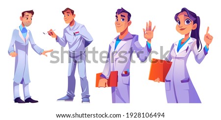Doctors and nurses hospital healthcare staff set. Characters in medical robes with medic stuff and instruments. Clinic personnel, medicine profession occupation. Cartoon people vector illustration