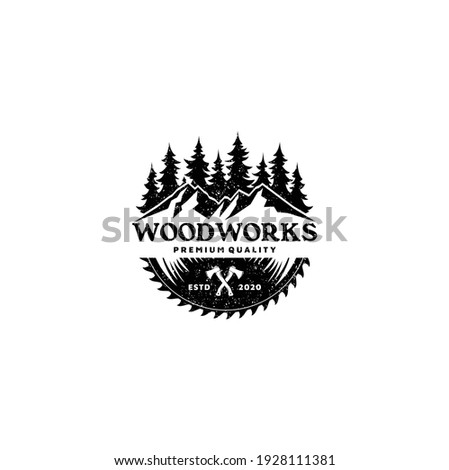 Sawmill Emblem Logo Vector for Carpentry, Woodworkers, Lumberjack, Sawmill Service Royalty-Free Stock Photo #1928111381