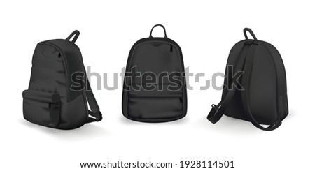 Black backpack design front, back and side view set. College or school rucksack mockup vector illustration. Realistic youth pack of fabric for study or sport with shadows isolated on white background. Royalty-Free Stock Photo #1928114501