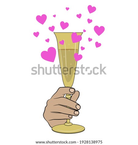 Human hand holding glass of sparkling wine and pink hearts. Creative holiday design for love and happiness.