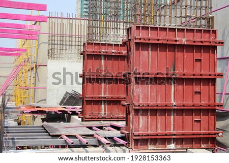 Steel reinforce in concrete column.Steel grid on the construction site.Reinforcement of concrete work. Using steel wire for securing steel bars with wire rod for reinforcement of concrete