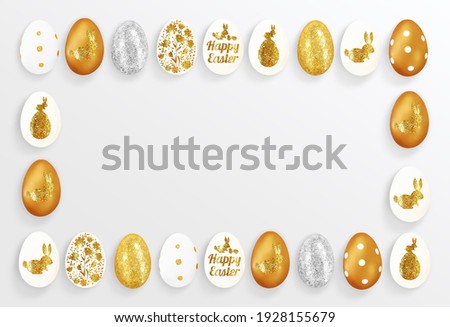 Frame of shining eggs with flowers, cute bunnies on a white background. Golden text on egg with the inscription Happy Easter. Advertising mockup for the Easter holiday. Top view, close up, copy space