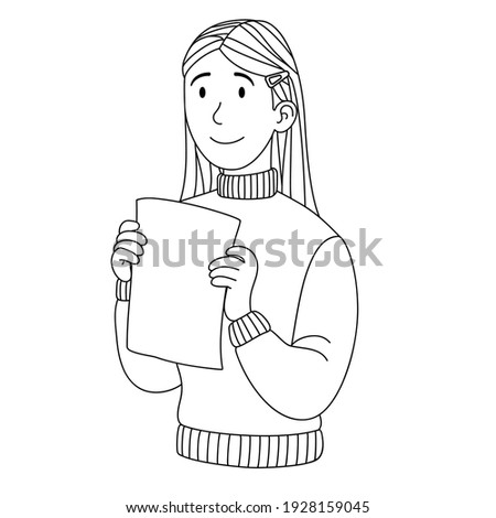Girl holding blank empty piece of paper. Vector illustration isolated on a white background