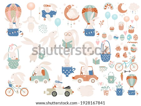 Happy Easter clip art - set of retro Easter cartoon characters and design elements.  Easter bunny, chickens, eggs, flowers, transport. Easter icons isolated on white background. Vector illustration.