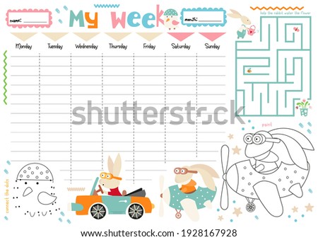 Weekly planner with cute bunnies in cartoon style. Kids schedule design template. Included mini games - maze, coloring page. Vector illustration.