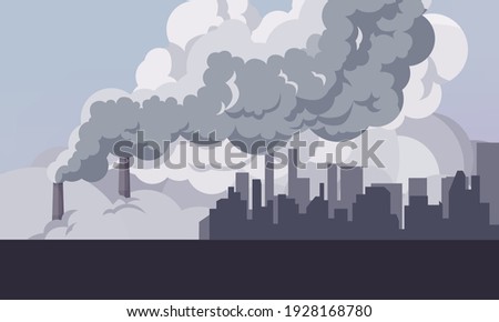 Toxic smoke from industrial factories floating in the air. Causing pollution, destroying the environment And the health of the population of large cities, Vector illustration and flat design.
