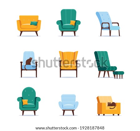 Set of Icons Armchairs of Different Design, Quilted Button Tufted Upholstery, Armrests, Wooden Thin Legs and Soft Seats. Classic Style Furniture, Cartoon Vector Lounges Isolated on White Background