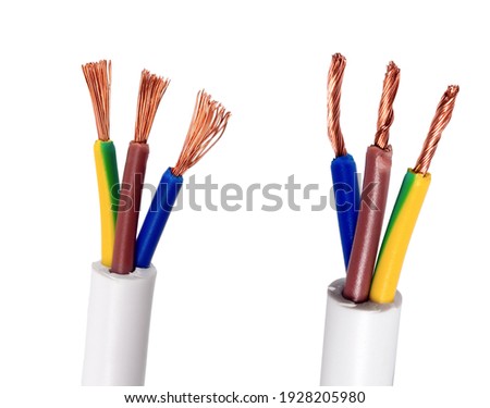 Cable Electrical power wire copper isolated on white background. Electric cable multi-colored installation Royalty-Free Stock Photo #1928205980