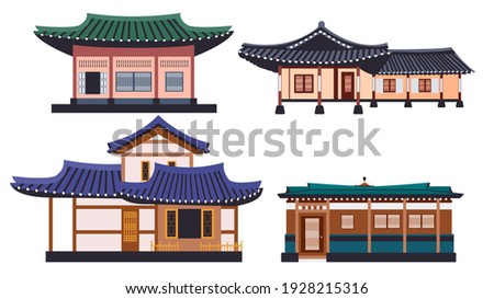 Hanok buildings isolated vector illustration set. Traditional Korean house design element collection. Ancient, classic asian town in cartoon style. Royalty-Free Stock Photo #1928215316