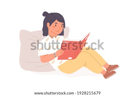 Smiling little girl sitting with open book or textbook. Kid reading children's literature at home. Smart child learning. Colored flat cartoon vector illustration isolated on white background