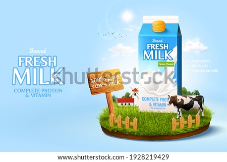 3d milk ad template for product display. Milk pack mock-up set in a miniature farm island on sunshine sky background. Royalty-Free Stock Photo #1928219429