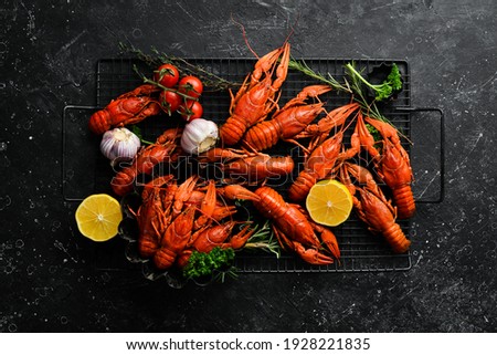 Beer party. Still life with crayfish crawfish on old wooden rustic background. Seafood. Top view. Flat lay. Royalty-Free Stock Photo #1928221835