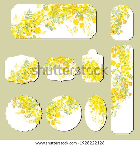 Set with different floral cards with yellow mimosa. Illustration can be used for festive and romantic design templates.