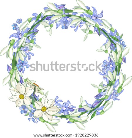 Floral wreath with romantic snowdrops and blue primroses. Illustration can be used for romantic and bridal templates.