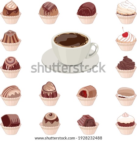 Big set with different chocolate sweets. Cup of coffee isolate on white background. Illustration can be used for restaurant and café menu.  
