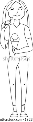 Young woman standing and eating ice-cream. Black and white illustration. Can be used for coloring book.