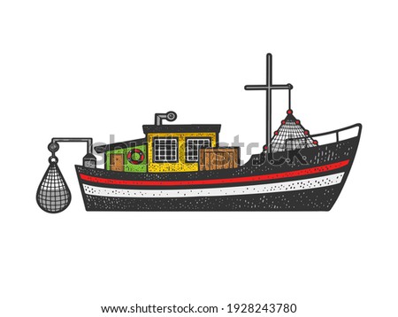 fishing boat color sketch engraving vector illustration. T-shirt apparel print design. Scratch board imitation. Black and white hand drawn image.