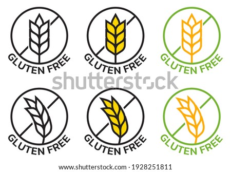 Gluten free icon set with grain or wheat symbol. Food allergy label or logo collection. Vector illustration.