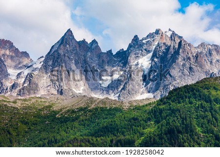 Mont Blanc or Monte Bianco meaning White Mountain is the highest mountain range in the Alps and in Europe, located between France and Italy Royalty-Free Stock Photo #1928258042