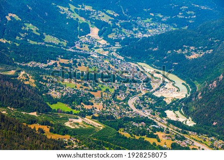 Chamonix aerial panoramic view. Chamonix Mont Blanc is a commune and town in south eastern France