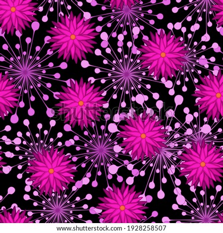 
Hand draw. Seamless floral pattern, vector. Pink flowers on black background, abstraction.
