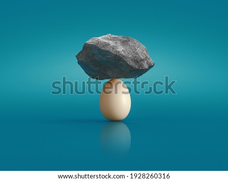 Concept about balance and strength, egg and stones on it. 3d rendering Royalty-Free Stock Photo #1928260316