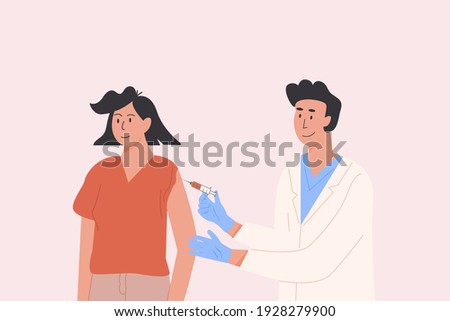 Male doctor in a medical gown and gloves gives vaccine shot to female patient. Vaccination campaign. Concept illustration for immunity health. Covid Coronavirus jab. Flat illustration isolated.  Royalty-Free Stock Photo #1928279900