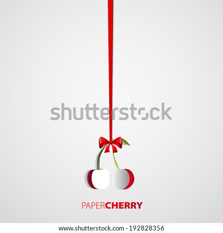 Paper cherry cutout hanging on bow - vector illustration design card - EPS10