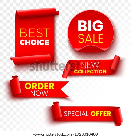 Best choice, order now, special offer, new collection and big sale banners. Red ribbons, tags and stickers. Vector illustration. Royalty-Free Stock Photo #1928318480
