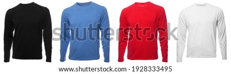Black blue red and grey heathered plain long sleeved cotton shirt templates on hollow invisible mannequin isolated on a white background Royalty-Free Stock Photo #1928333495