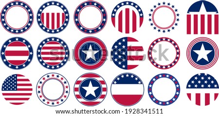 Set of eighteen round flags of the United States of America in different designs on a white background 