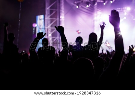 Raised hands in honor of a musical show on stage, People in the hall Royalty-Free Stock Photo #1928347316