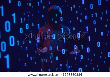 Dangerous hacker. Internet, cyber crime, cyber attack, system, game, breaking and malware concept. Dark background. Futuristic holographic interface to display data.