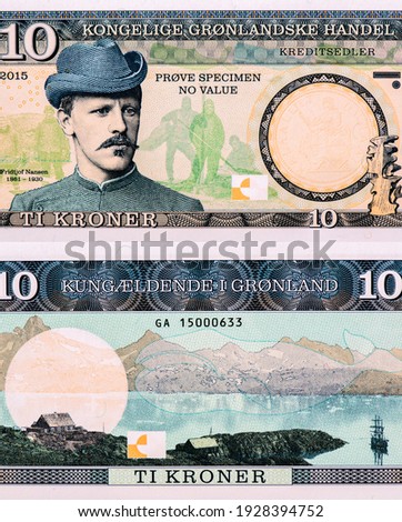 Fridtjof Nansen (1861 - 1930). Norwegian explorers. Wooden map carved by the Ammassalik of east Greenland. Portrait from Greenland 10 Kroner 2015 (Essay) Banknotes.
