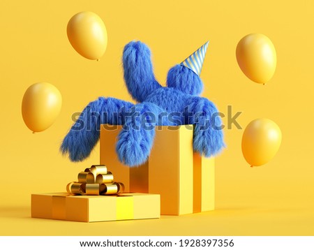 3d render, funny hairy blue monster sits inside the big gift box, flying air balloons, Yeti cartoon character celebrating birthday party. Festive clip art isolated on yellow background