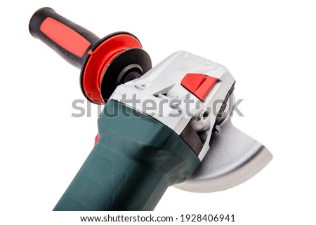 Angle grinder without cutting disc on a white background close-up