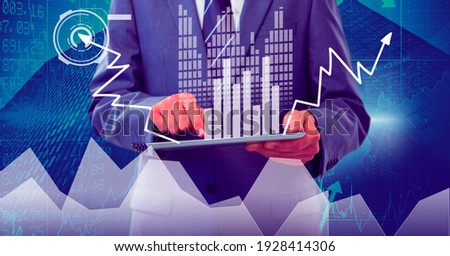 Financial data statistics processing over man holding tablet. global business and finance concept digitally generated image.