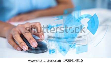 Financial data processing over woman using computer. global technology, business and finance concept digitally generated image.