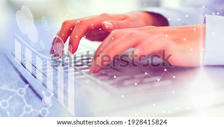 Financial data processing over woman using computer. global technology, business and finance concept digitally generated image.
