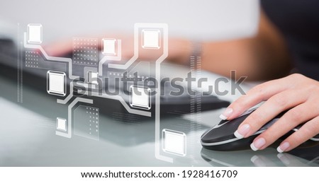 Network of connections with icons over woman using computer. global technology, business and finance concept digitally generated image.