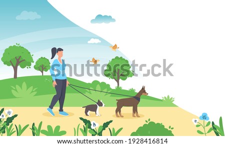 Woman is walking with a dog. Vector illustration in flat style dog walking girl in spring park. Spring time nature landscape. Summer meadow character with pet. Woman dog friendship.