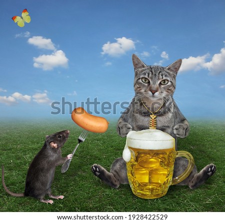 A gray cat sits and drinks light beer in the meadow. A rat gives him a sausage.