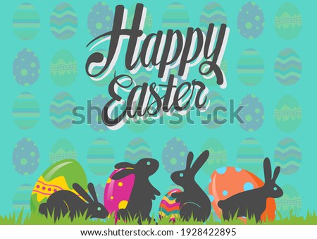 Happy easter text with easter eggs in rows on green background. easter holiday celebration concept digitally generated image.
