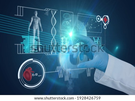 Hand in surgical glove touching screen with scientific data processing with human body and dna. global medicine science and technology concept digitally generated image.