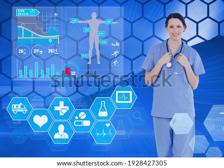 Scientific data processing with human body and medical icons with female doctor on blue background. global medicine science and technology concept digitally generated image.